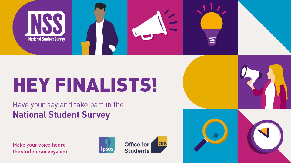 Different colour tiles featuring different animations, such as a lightbulb, megaphones, and magnifying glass. Purple text included that says 'Hey Finalists! Have your say and take part in the National Student Survey'