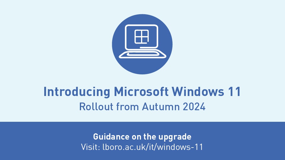 Blue graphic with a computer icon with text announcing the Windows 11 upgrade project